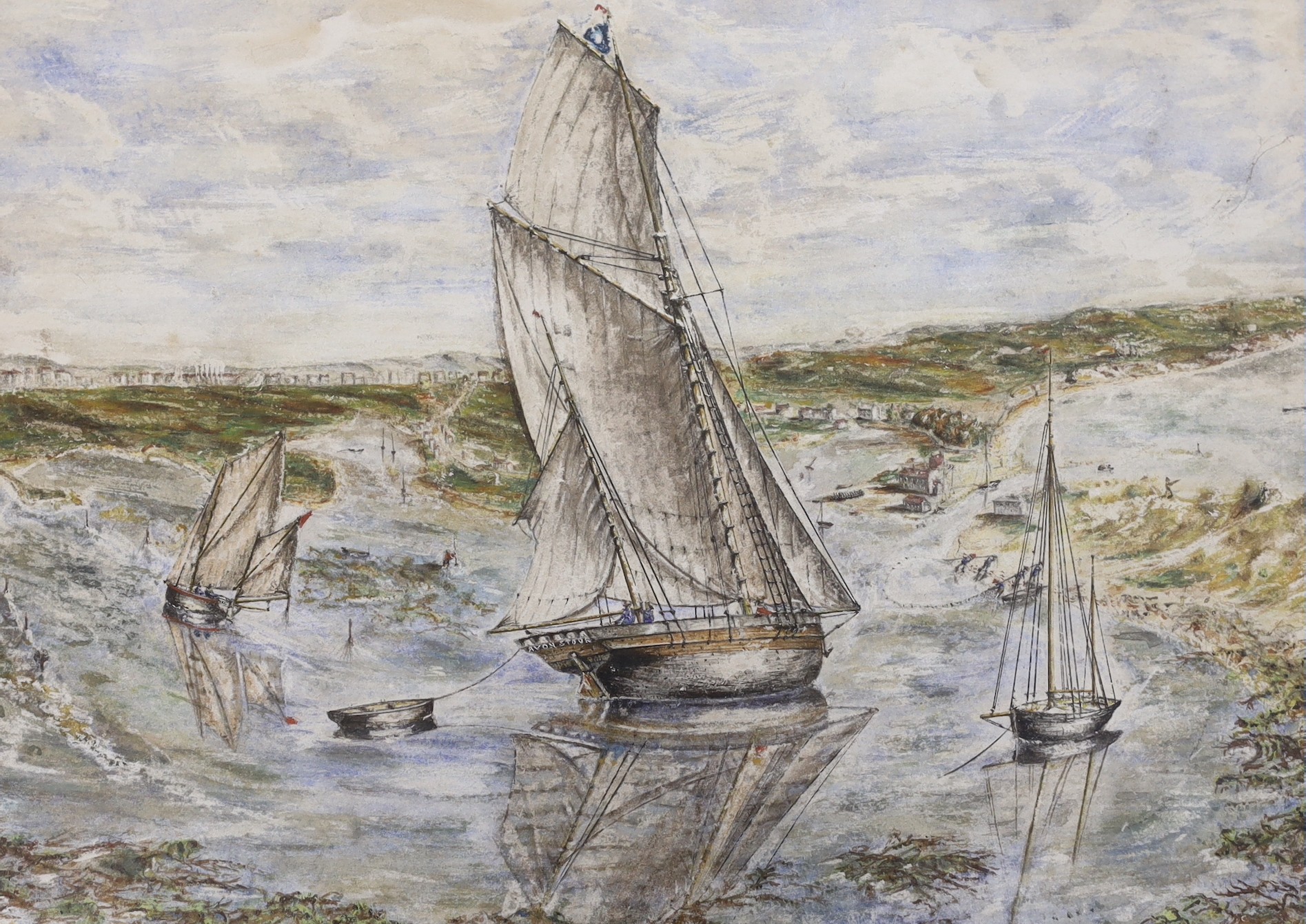 English School, 19th century, watercolour, Dystopian boat scene, 30 x 43cm